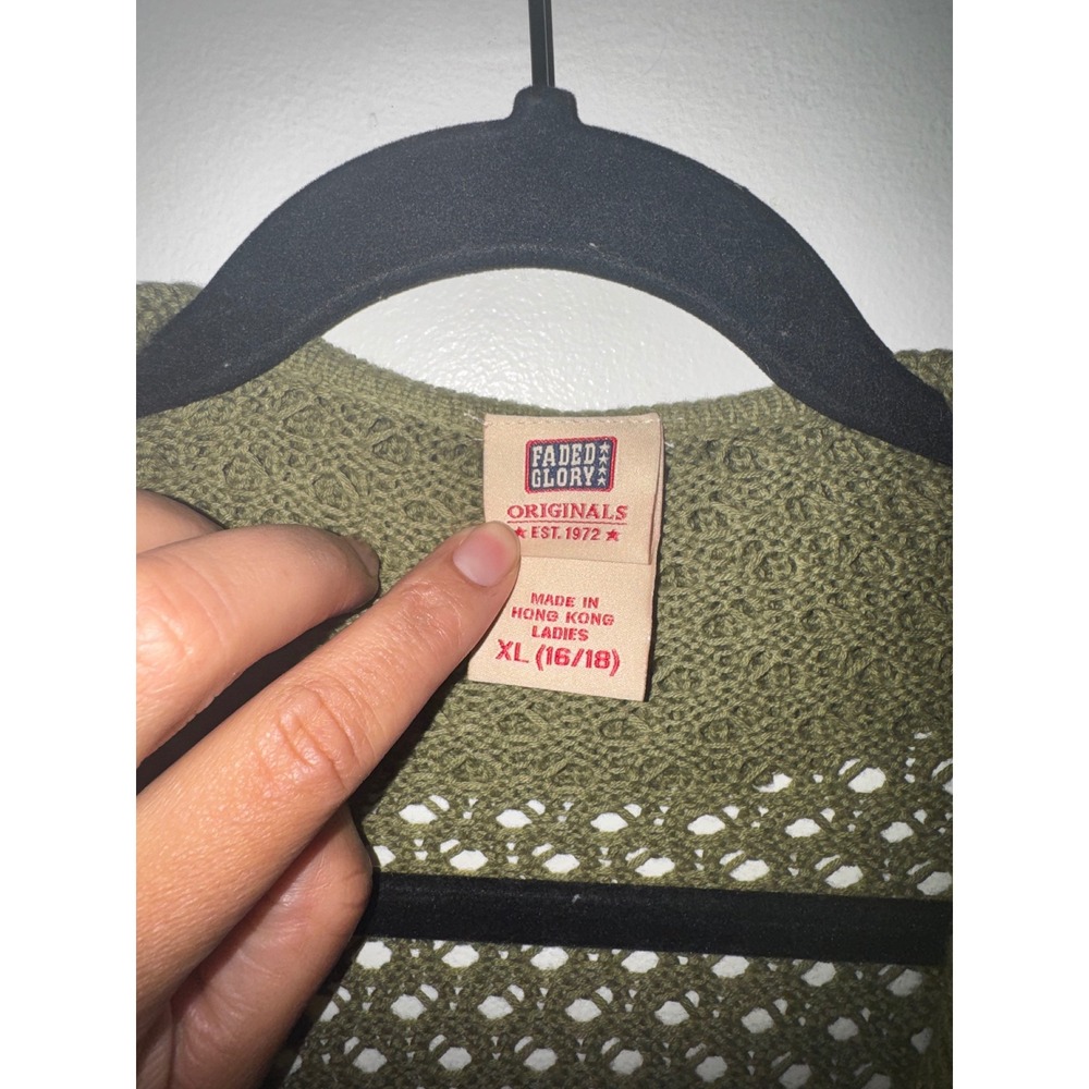 Vtg Y2K Olive Green Ruffle Knit Open Front Cardigan XL 16/18 Boho Hippie Fairy - Picture 2 of 8